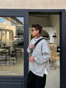 Oxfreak Mens Fleece Lined Loose Fit Long Sleeve round Neck Sweatshirt Pure Color Zipper Slit T-Shirt Style Winter Youth Fashion