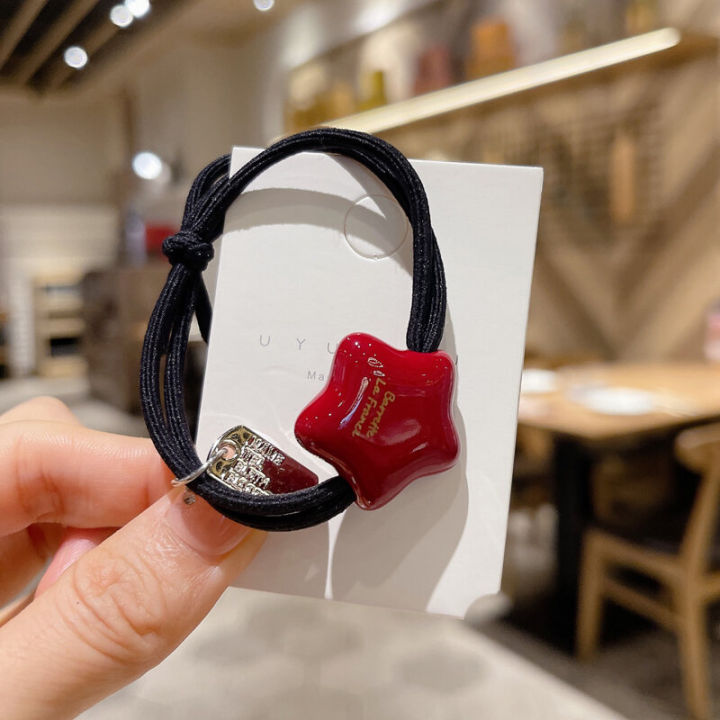 Deep Red Star Hair Ties Women's Half Bun Headwear Dongdaemun Korean Style Fashionable Hair Accessories Elastic Hair Bands