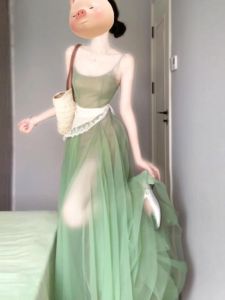 CHANGTONG | French Style Summer Dopaamine Beach Vacation Fairy Tale Lace Ultra Fairy Halter Dress Beautiful Irresistible Sea Side Gown