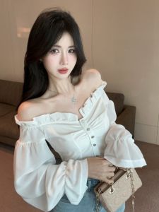 GUZILIAN | Chic White One-Shoulder Short Shirt Wooden Edge Design Spring Womens Fashion Korean Style Commute Wind Unique Small Audience