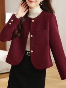 Elegant Short Woolen Coat Womens Fashionable Angora Red Spring Autumn Winter Outerwear Casual Chic Style round Neck Buttoned