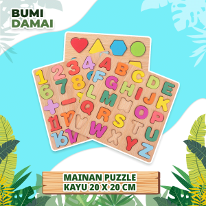 Bumi Damai Jigsaw Wooden Chunky Mainan Balok Puzzle Belajar Edukasi Anak Kayu 3D Mengenal Huruf ABC Angka dan Bentuk Abjad Alphabet Murah Bagus