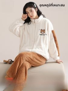 MiiOW | ชุดนอนผู้หญิง MiiOW 2023 ขนแกะพรมขนแกะสีแดง ชุดนอนผ้าฝ้ายโพลีเอสเตอร์ ปกตัวยาว แขนยาว ฤดูใบไม้ร่วงและฤดูหนาว