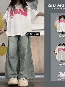 Bộ Đồ Trẻ Em Mùa Hè Tay Ngắn Thời Trang Thể Thao Quần Ống Rộng Denim Phong Cách Đại Học Cho Bé Gái Bộ Đồ Hai Mảnh