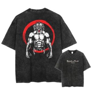 Bandai | Anime Attack on Titan Retro Washed T-shirt Mens and Womens Summer Clothing Breathable Harajuku Top Streetwear Peripheral Tee
