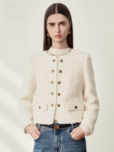 HR | Elegant Short Double-Breasted Fur Jacket Womens Spring Autumn HR Luxury Fashion Standard Fit Round Neck Warm Outerwear