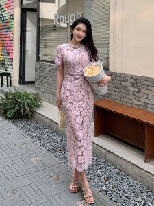 Dopamine Pink Purple Lace Dress Short Sleeve round Neck Waist Cinched Long Skirt Womens Autumn Season Polyester Fiber H-Line Style