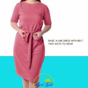 Fashionable Plus Size Basic A-line Dress with Belt Crew Neck Below the Knee 2 Ways to Wear (Fits Large-X-Large)