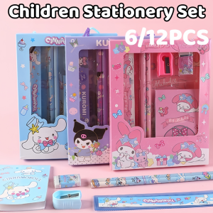 6pcs/12pcs Sanrio Stationery Set Kuromi Melody Pencil Pencil Case Ruler Crayons for Kids Gifts Study Reward