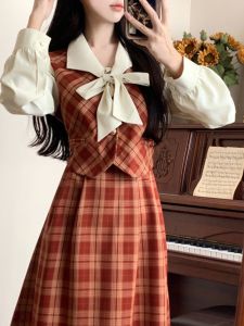 French Red Plaid Butterfly Knot Fake Two-Piece Dress Long Sleeve Waist-Cinching Midi Skirt Autumn 2023 Elegant Commute Style