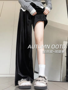 กางเกงขายาวผ้ากำมะหยี่สีทองเอวสูงทรงหลวมสบาย ๆ สำหรับผู้หญิง กางเกงขายาวลำลอง ทรงหลวม ทรงเข้ารูป สำหรับผู้หญิงไซส์เล็ก