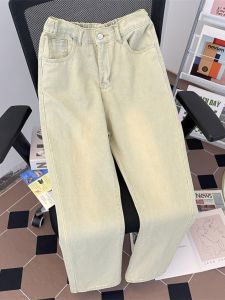 Retro American Yellow Clay Color Smoke Grey Mens Jeans Spring High Street Trendy Loose Straight Casual Pants