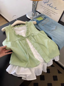 Áo Sơ Mi Nữ Không Tay Kẻ Caro Phong Cách Hàn Quốc Mùa Hè Mới Thiết Kế Cảm Giác Thắt Nút Bướm Giả Hai Mảnh Dệt Kim