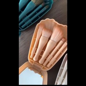 5-in-1 Shell Makeup Brush Set with Mirror Compact Travel Cosmetic Kit for Makeup Application & Touch-Ups