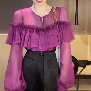 SHUAIYUE | Áo Blouse Tím Tay Dài Kiểu Pháp Kết Hợp Voan