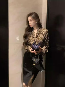 French Elegant V-Neck Leopard Print Chiffon Long Sleeve Womens Shirt Autumn New Design Sensation Casual Style Slim Fit Top