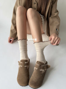 Ning Xiao Yi Womens Mid-Calf Socks with Wood Grain Edges Autumn Winter Spring No-Cuff JK Style Cotton Roll Edge Short Socks