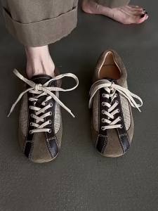 Women Retro German Trainer Sneakers Suede Fabric Leather Splicing Lace‑Up Flat Casual Shoes Vintage Non‑Slip Walking Sneakers