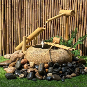 Japanese Style Stone Bowl Pebble Fish Tank Outdoor Water Landscape Garden Scenery Bamboo Stream Pond Sculpture Home Decor
