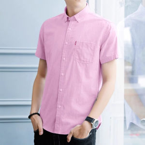 เสื้อเชิ้ตผู้ชายแขนสั้นฤดูร้อน 2025 สไตล์เกาหลี ทรงหลวม ผ้าอ็อกซ์ฟอร์ด แขนยาว สีขาวน้ำเงิน แฟชั่นลำลอง เสื้อเชิ้ตคอกลม