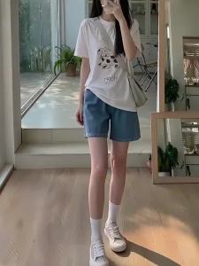 YAYANGREN | Tencel Denim Shorts Loose Large Size Icy Silk Straight Leg