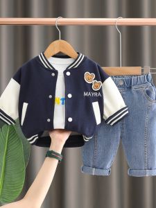 ชุดกีฬาเบสบอลเด็กผ้าฝ้ายแท้ 3 ชิ้น ฤดูใบไม้ร่วง 2023 ใหม่ 1-3 ปี เสื้อคาร์ดิแกนเด็ก ชุดลำลอง เทรนด์ใหม่