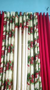 CTN Xmas Eve Design Christmas Curtains 5FT-8FT per pc - Red and cream curtains with poinsettia floral pattern - Festive holiday window treatment.