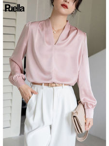 Puella Casual Satin V-neck Pure Color Shirt Versatile Simple Fashionable Winter New Arrival Ladies Commute Style Long Sleeve