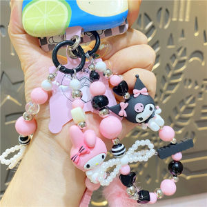 Sanrio Furry Ball Kawaii Phone Chain Beaded Keychain Short Length Wrist Anti-Fall Rope Charm for Mobile Phones And Keys
