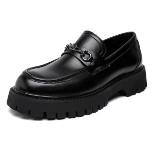 Genuine Leather Mens Slip-On Shoes Business Casual Loafers Bright Surface Black Color Autumn Winter Fashionable Oxfords