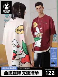 Genanx Lightning Tide Brand Summer New Heavyweight Couple Short Sleeve T-Shirt Light Color Ins Style Print Design Polyester Spandex