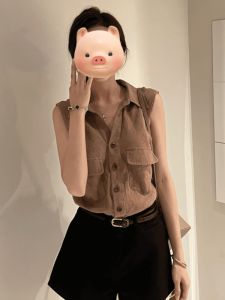 Áo sơ mi nữ cổ polo vải lanh không tay thanh lịch