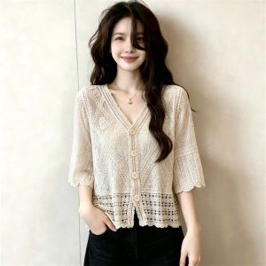 UV Protection Summer Sleeve Half Cover V-neck Slimming Lace Shirt