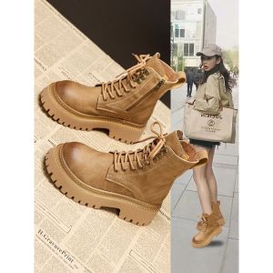 LW-Changer Womens Martin Boots Real Leather Short Boots Thick Bottom Heightening Retro Motorcycle Boots High Visibility