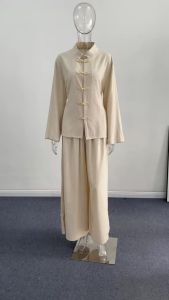 Chinese Style Women Long Pant Set Chic Frog Buttons Long Sleeve Single Breasted Stand Collar Female Coat Wide Leg Trouser 2026