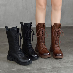 Tian Ning Ge Winter Martin Boots Womens Fleece Lined Genuine Leather Chunky Heel Mid-Calf Side Zipper Boots Warm round Toe