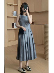 Summer New High Waist round Neck Sleeveless Dress Womens Mini Design Sense Slimming Long Dress Korean Style Commute Folded Skirt