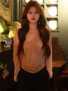 BINKAFENNY | French Elegant Long Sleeve Mesh Wrap Shoulder Chiffon Top Women Summer Casual Style Slim Fit Round Neck Unusual Waist Baring