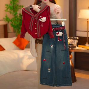 Girls KT Cat Set Spring Autumn New Childrens Sweater Jacket Little Girl Autumn Clothes Open Cardigan Jeans Two-piece Set