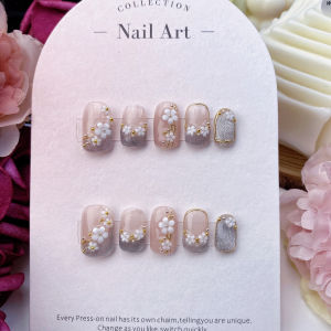 Fake Nail Patch Handmade Manicure Classy Nail Tip Custom White French Cherry Blossom Crystal Cat Eye Wear Nail