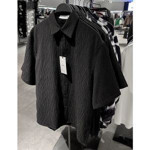 Loose Fit Short Sleeve Shirt Mens Summer New Style 300 Pounds Polyester Fabric American Casual Style Pleated Design Casual Shirt