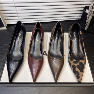 Spring Autumn 2025 Pointed Toe Low Heel Commuter Fashionable Leopard Print Slip-On High Heels Cat Heel Single Shoes for Women