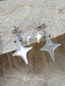 Korean Style Abalone Four-Pointed Star Pendant Earrings Simple Versatile Unique Cold Tone Ear Jewelry Fashionable Accessories