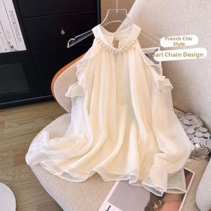 Fashionable Elegant French Pearl Halter Neck Off-Shoulder Shirt