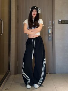 Black Three Bars Sports Pants Women Summer American Student Korean Version Sweat Pants Wide Leg Casual Jazz Dance Pants