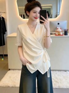 AIYITI | French Elegant V-neck Satin Short Sleeve Blouse