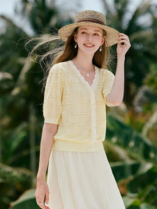 XIANGYING | Linen Short Sleeve V-Neck Light Thin Knit Cardigan