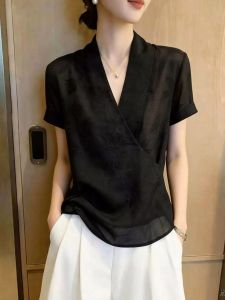 NUMEN BUTTON | V-Neck Cross Design Slimming Short Sleeve Shirt For Summer