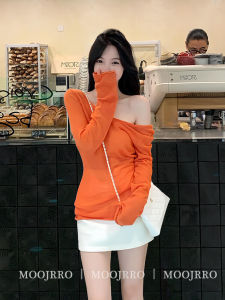 French Orange Off-Shoulder Long Sleeve Knitted Sweater Women Loose Lazy Style Beautiful Pure Desire Slant Shoulder Top