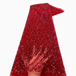 Red African Sequins Beaded Lace Fabrics 2025 High Quality Sequence Embroidery French Nigerian Lace Fabric For Wedding Sewing